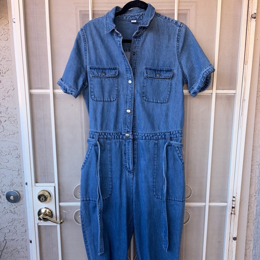 Women’s denim workwear coveralls with tie waist